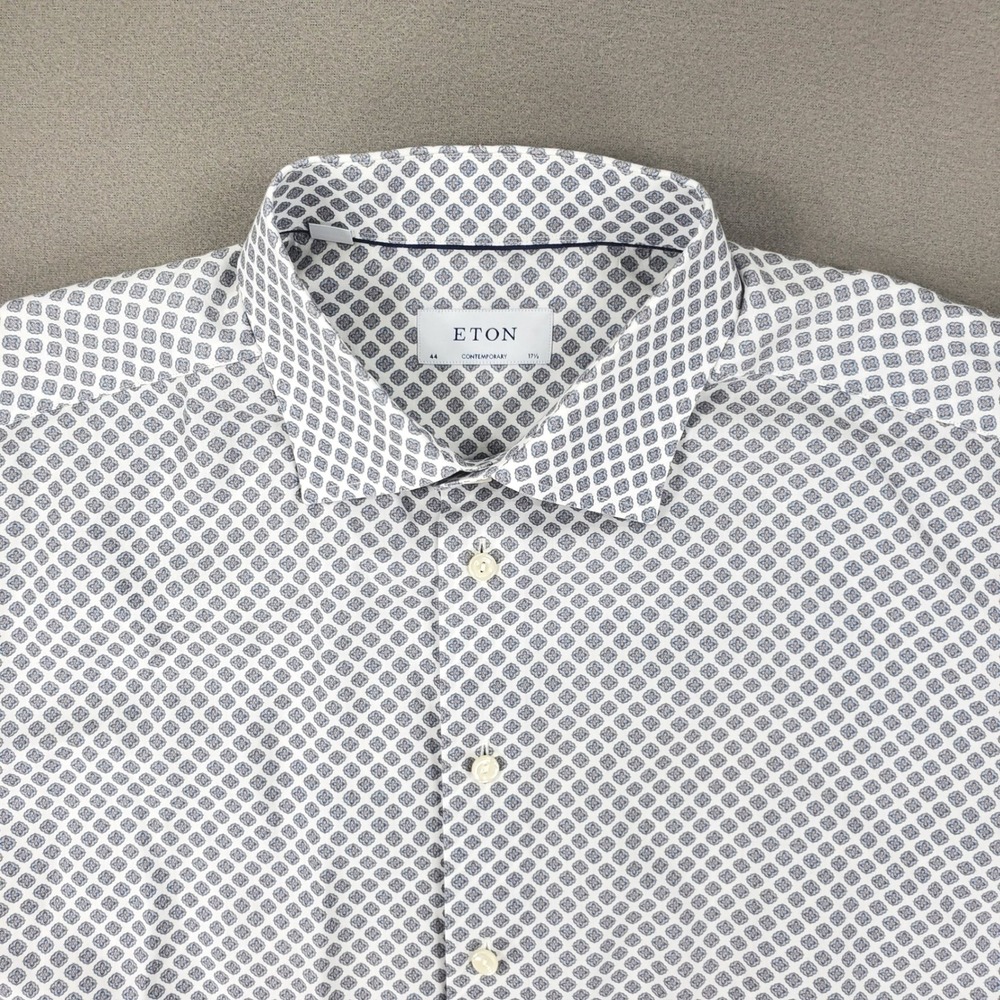 Eton Dress Shirt Men 17.5 White Blue Geometric Contemporary Fit Long Sleeve